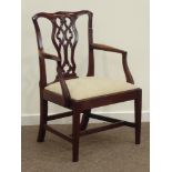 George III mahogany wide seat carver armchair, upholstered drop in seat,