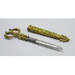 Pair 19th century Continental brass scissors in repousse work sheath,