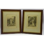 E Blair Leighton: pair of artist signed prints of figures in a garden and companion picture 30cms X