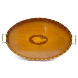 Mahogany oval two handled tray with galleried edge and shell inlaid centre,