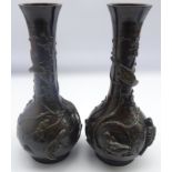 Pair of Japanese Meji period bronze vases with applied birds and flowering branches, H 30cms,
