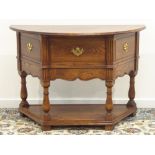 Medium oak demi-lune top credence table, single drawer above shaped apron,