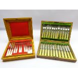 Set of eighteen dessert knives and forks with mother of pearl handles and plated blades,