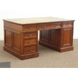 19th century walnut partners desk, rectangular mahogany banded top inset with green leather,