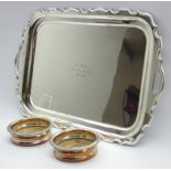 Walker and Hall silver-plated oblong two handle tray, with inscription dated 1932,