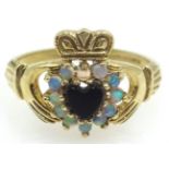 9ct gold black onyx and opal heart ring,
