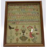 Early Victorian needlework sampler with alphabet numerals,