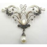 Silver, pearl and marcasite brooch,