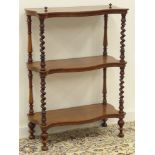 Victorian Rosewood three tier Whatnot with serpentine shelves on spiral turned supports 65cms wide