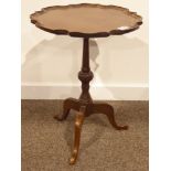 Small mahogany wine table with scalloped edge and ladybird carving, D40cm,