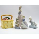 Two Lladro figures 'Evita' & 'Dog & Cat' with two Nao figures and a Sarreguemines Rose basket (5)