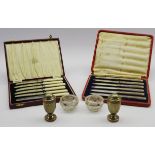 Pair Victorian vase shaped pepperettes, London 1893, cased set of six silver handled pastry knives,