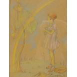 Kathleen Hawkins Child Holding book with doll at her feet, watercolour and pastel,