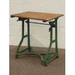 Cast iron sewing machine table with rustic pine plank top, 76cm x 51cm,