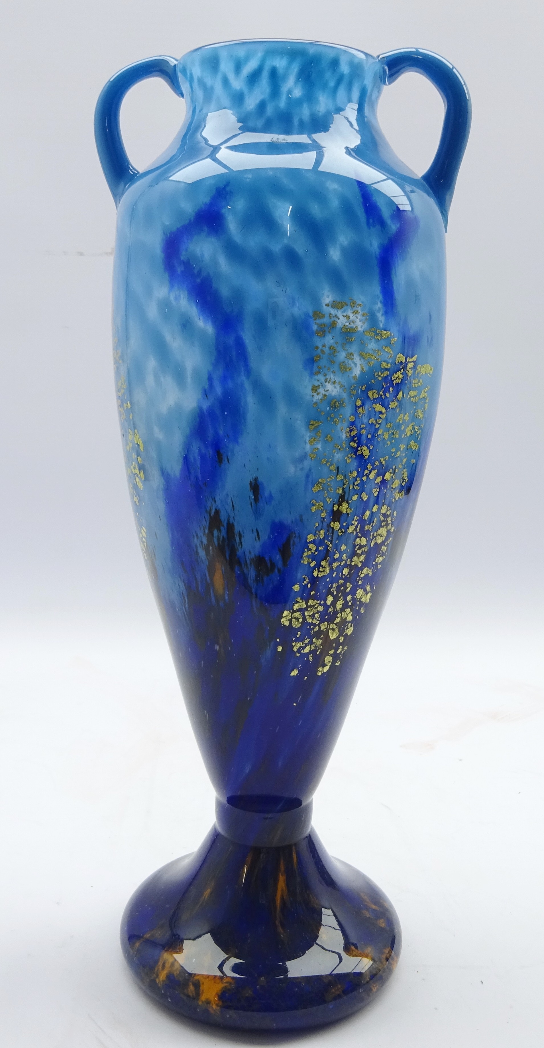 Daum glass two handled baluster vase decorated with gilt flex on shaded blue ground inscribed