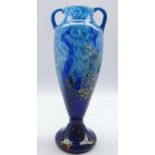 Daum glass two handled baluster vase decorated with gilt flex on shaded blue ground inscribed