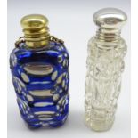 Blue overlaid glass scent bottle L7cm and a late Victorian glass scent bottle with silver cover