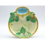 Minton Majolica strawberry dish c1866, moulded with strawberries, leaves and flowers,