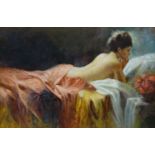 Continental School (Late 20th century): Young Woman Reclining on a Bed,