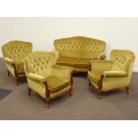 20th century French walnut framed four piece lounge suite; two seat sofa (W154cm),