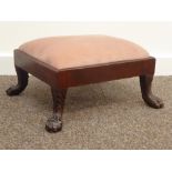 Regency period mahogany footstool, on carved hairy lion paw feet,