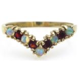 9ct gold garnet and opal wishbone ring,