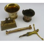 Brass pestle and mortar, brass mortar with fleur-de-lis decoration,
