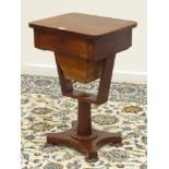 Regency rosewood sewing table, rectangular top with drawer and sliding bag beneath,