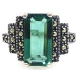 Stepped marcasite and green stone silver ring,