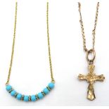 Turquoise set gold necklace and a cross pendant necklace both 9ct approx 4gm gross