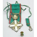 Case of Masonic regalia comprising white enamel cross with a crown on a green and red ribbon,