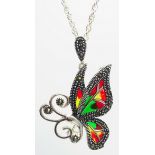 Plique a jour and marcasite silver dragon fly pendant necklace/brooch,