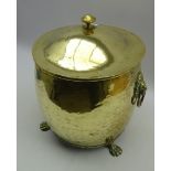 Edwardian brass coal bin and cover with two lion mask loop handles and three paw feet,