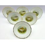 Set of six porcelain fish plates, each decorated with a fish including Bream, Rudd,