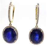 Pair of 14ct gold sapphire and diamond pendant ear-rings stamped 585 Condition Report &
