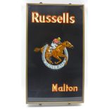 Russells of Malton glass on slate advertising panel with impressed gold and red lettering with a