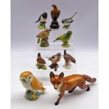 Group of Beswick comprising a Fox, Barn owl and six birds,