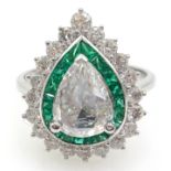 18ct white gold diamond and emerald cluster ring,