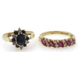 Ruby and diamond gold ring and sapphire and diamond cluster ring,