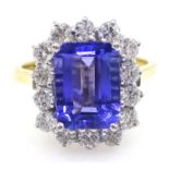 18ct gold emerald cut tanzanite and diamond cluster ring, hallmarked, tanzanite approx 2 carat,