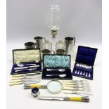 Set of six silver teaspoons, William J Holmes, Birmingham 1902, silver salt with glass liner,
