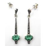 Pair of silver green tourmaline and marcasite pendant ear-rings stamped 925 Condition