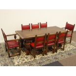 20th century oak drawer leaf extending dining table, frieze carved with foliage,