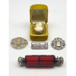 19th century ruby facet cut glass scent bottle, double ended with embossed white metal lids,