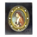 Oval miniature portrait of a girl holding a dog, seated half length,