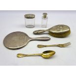 French silver gilt spoon and fork, late Victorian glass dressing table jar with silver cover,