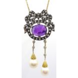 Gold and silver-gilt cabochon amethyst, seed pearl and diamond necklace,