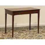 Georgian mahogany side table, single drawer, square tapering supports, W90cm, H72cm,