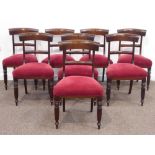 Set eight Victorian style dining chairs with curved top rail, horizontal splat,