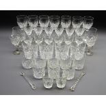 Two sets of six crystal wine glasses, tumblers, etched liquor glasses,